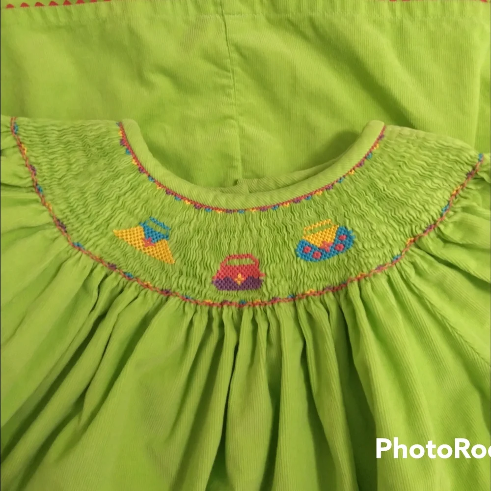 Girls Smocked Corduroy Long Sleeve Green Dress Embroidered Purses 6x